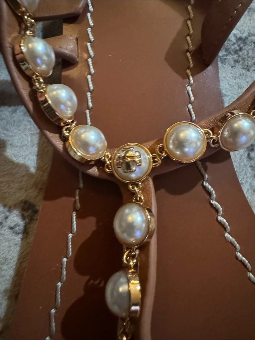 Tory Burch Brown Pearl-Embellished T-Strap Sandals